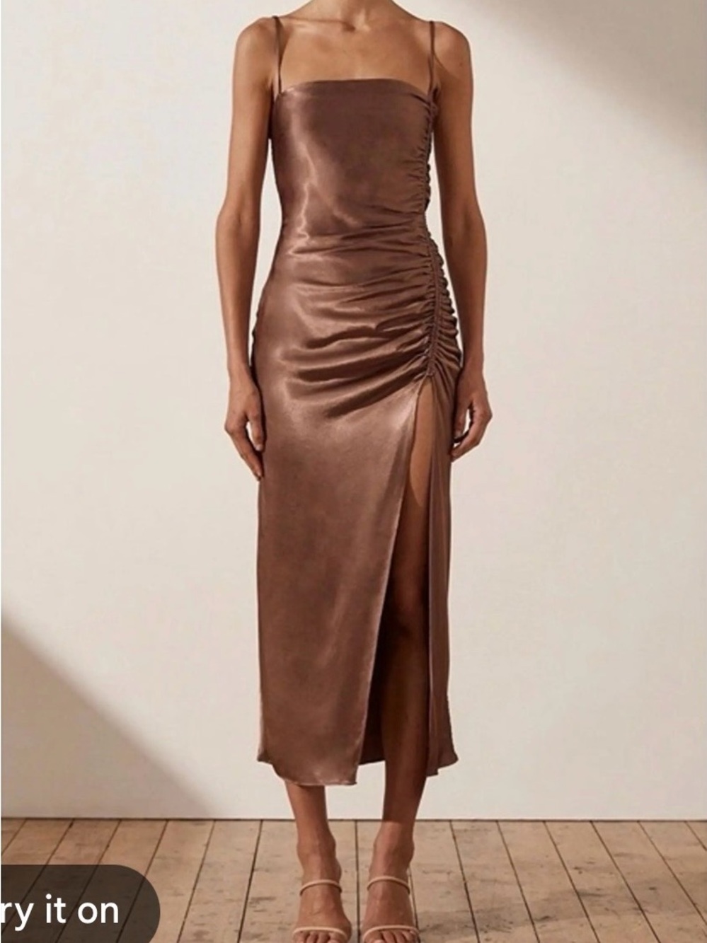 Shona Joy Brown Satin Ruched Side-Slit Midi Dress